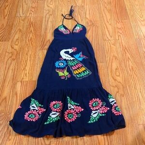 Navy blue embroidered maxi dress size XS halter neck peacock VaVa by Joy Han